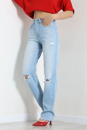 Kadın Lazer Kesim Straight Kot Pantolon Buz Mavi