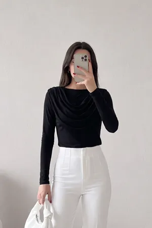 Kadın Degaje Yaka Uzun Kol Sandy Bluz Siyah