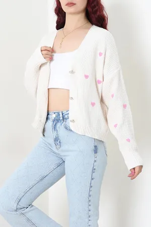Kadın Nakışlı Crop Hırka Lattepembe