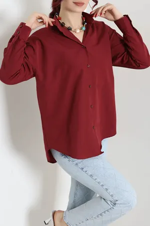 Kadın Terikoton Oversize Gömlek Bordo