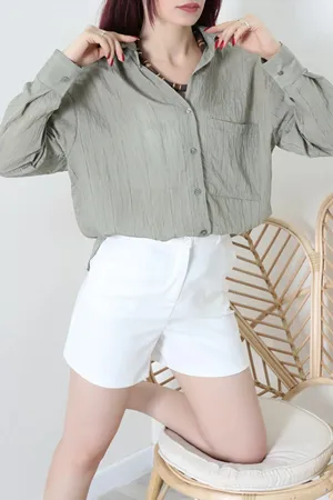Kadın Çizgili Buklet Oversize Gömlek Haki