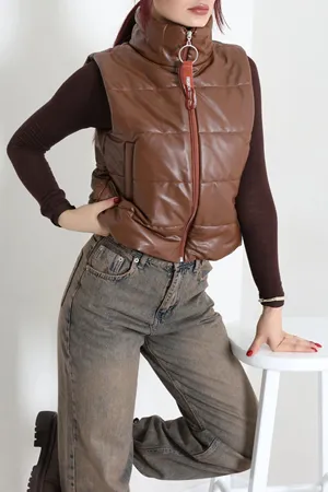 Kadın Astarlı Dik Yaka Deri Crop Yelek Taba