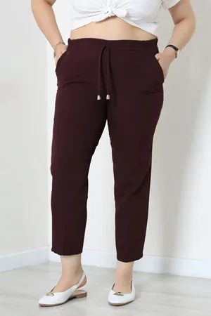 Kadın Büyük Beden Bağcıklı Dabıl Pantolon Mürdüm