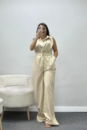 Kadın Drape Detaylı Gömlek Yaka Double Tulum Bej