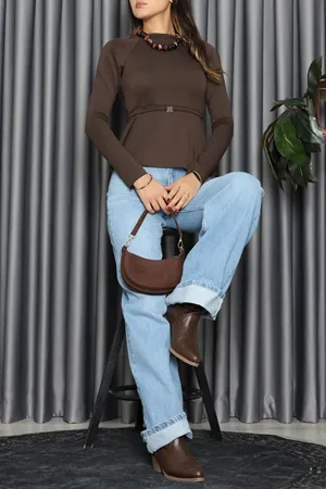 Kadın Modal Peplum Detaylı Bluz Kahve