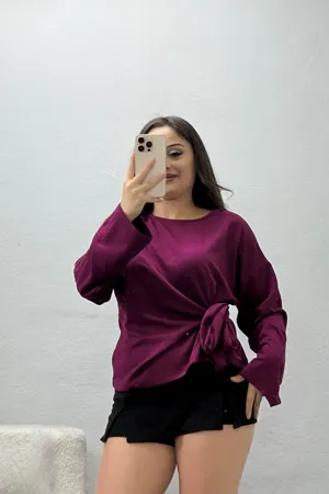 Kadın Bağlama Detay Uzun Kol Modal Bluz Mürdüm
