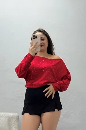 Kadın Modal Taşlı Bluz Kırmızı