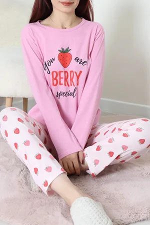 Kadın Süprem Baskılı Pijama Takımı Pembeçilek