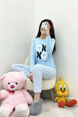 Kadın Süprem Baskılı Pijama Takımı Mavi