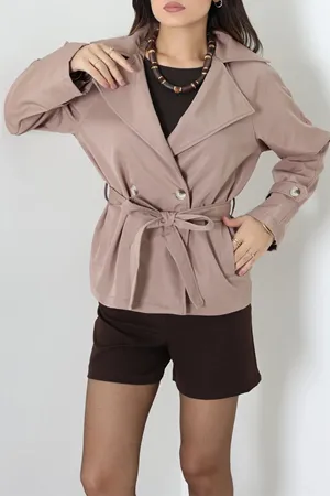 Kadın Kruvaze Kuşaklı Astarlı Trençkot Mocha Model TV-96098
