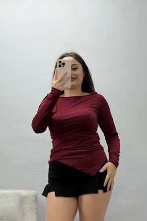 Kadın Tek Omuz Kurdele Detay Asimetrik Sandy Bluz Bordo