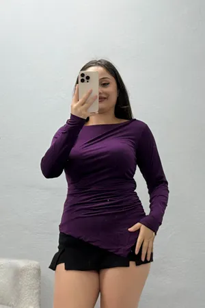 Kadın Tek Omuz Kurdele Detay Asimetrik Sandy Bluz Mor