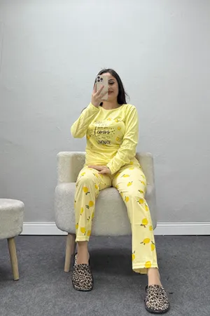 Kadın Süprem Baskılı Pijama Takımı Sarı