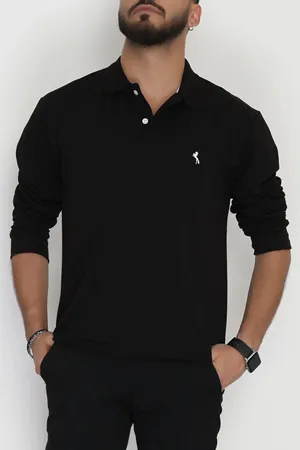 2 İplik Likralı Polo Yaka Erkek Sweat Siyah