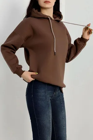 Kadın 3 İplik Kapşonlu Sweat Açıkkahve