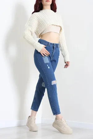 Kadın Fit Yırtık Yamalı Mom Jean Mavi
