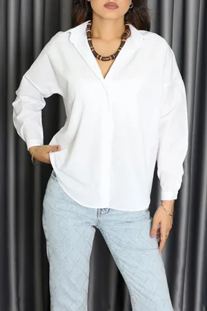 Kadın Düşük Omuz Oversize Poplin Gömlek Beyaz