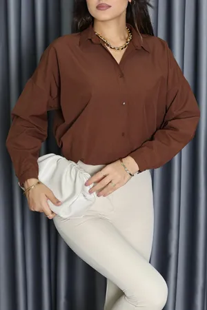 Kadın Düşük Omuz Oversize Poplin Gömlek Açıkkahve