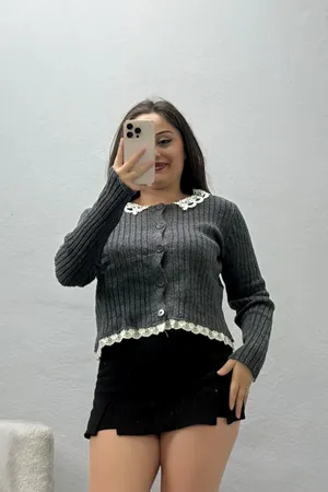 Kadın Dantel Detaylı Triko Hırka Antrasit