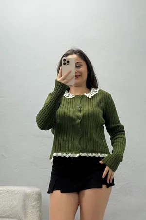 Kadın Dantel Detaylı Triko Hırka Haki