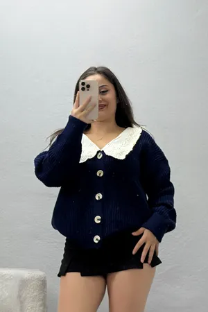 Kadın Bebe Yaka Düğmeli Triko Hırka Lacivert