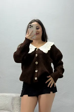 Kadın Bebe Yaka Düğmeli Triko Hırka Kahve