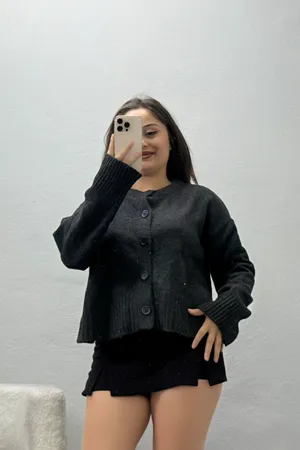 Kadın Düğmeli Triko Hırka Antrasit