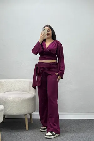 Kadın Modal Kuşak Detaylı Takım Mürdüm