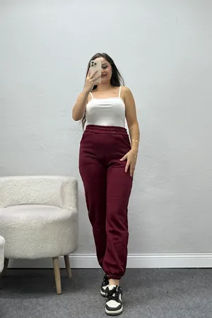 Kadın Paça Lastikli 3 İplik Eşofman Altı Bordo
