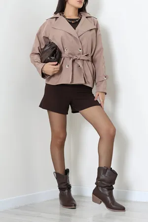 Kadın Kruvaze Kuşaklı Astarlı Trençkot Mocha Model TV-96106
