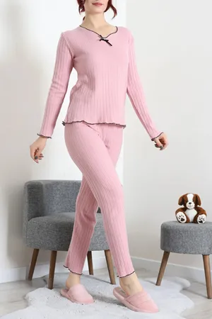 Kadın Fitilli Kurdaleli Pijama Takım Pembe