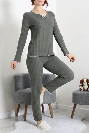 Kadın Fitilli Kurdaleli Pijama Takım Haki