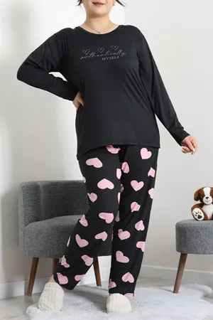 Kadın Milan Büyük Beden Baskılı Pijama Takımı Siyah
