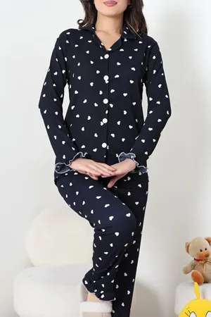 Kadın Bürümcük Fırfırlı Düğmeli Pijama Takımı Lacivert