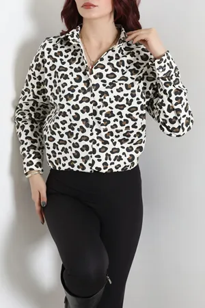 Kadın Leopar Desenli Tunik Gömlek Ekruleopar