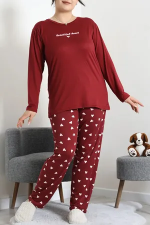Kadın Milan Büyük Beden Baskılı Pijama Takımı Bordo