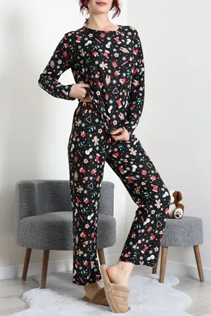 Kadın Süet Alt Üst Aynı Pijama Takımı Siyahkırmızı