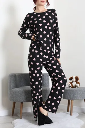 Kadın Süet Alt Üst Aynı Pijama Takımı Siyahkalpli