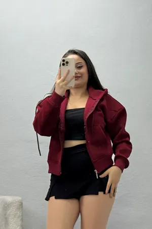 Kadın 3 İplik Şardonlu Kanguru Cepli Fermuarlı Sweat Bordo