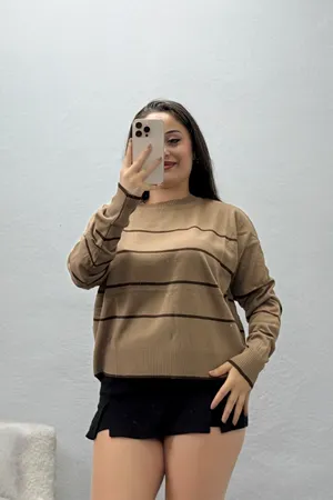 Kadın Bisiklet Yaka Çizgili Triko Mochakahve