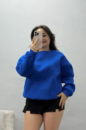 Kadın Bisiklet Yaka Üç İplik Sweat Saks