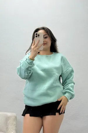Kadın Bisiklet Yaka Üç İplik Sweat Çağla