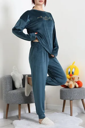 Kadın Fransız Kadife Pijama Takımı Petrol
