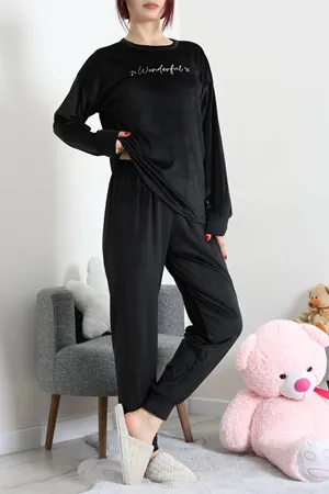 Kadın Fransız Kadife Pijama Takımı Siyahgümüş