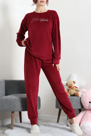 Kadın Fransız Kadife Pijama Takımı Bordogümüş