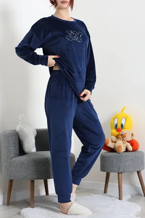 Kadın Fransız Kadife Pijama Takımı Lacivert