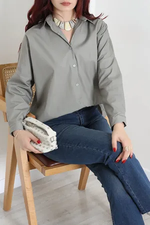 Kadın Oversize Poplin Gömlek Çakıl