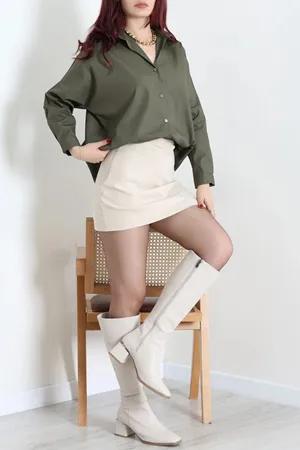 Kadın Oversize Poplin Gömlek Haki