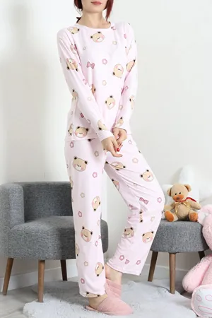 Kadın Süet Alt Üst Aynı Pijama Takımı Pembe