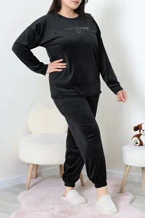 Kadın Fransız Kadife Büyük Beden Pijama Takımı Siyah